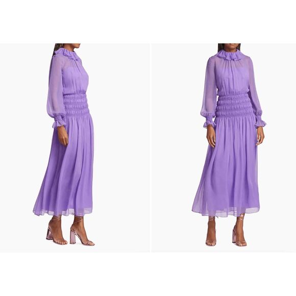 Adam Lippes Semi Sheer Silk Chiffon Ruffle Long-Sleeve Midi Dress Violet 10 $289 - Picture 2 of 14